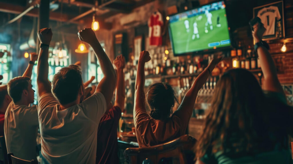 L'atmosphère dynamique du bar sportif où les clients célèbrent avec énergie